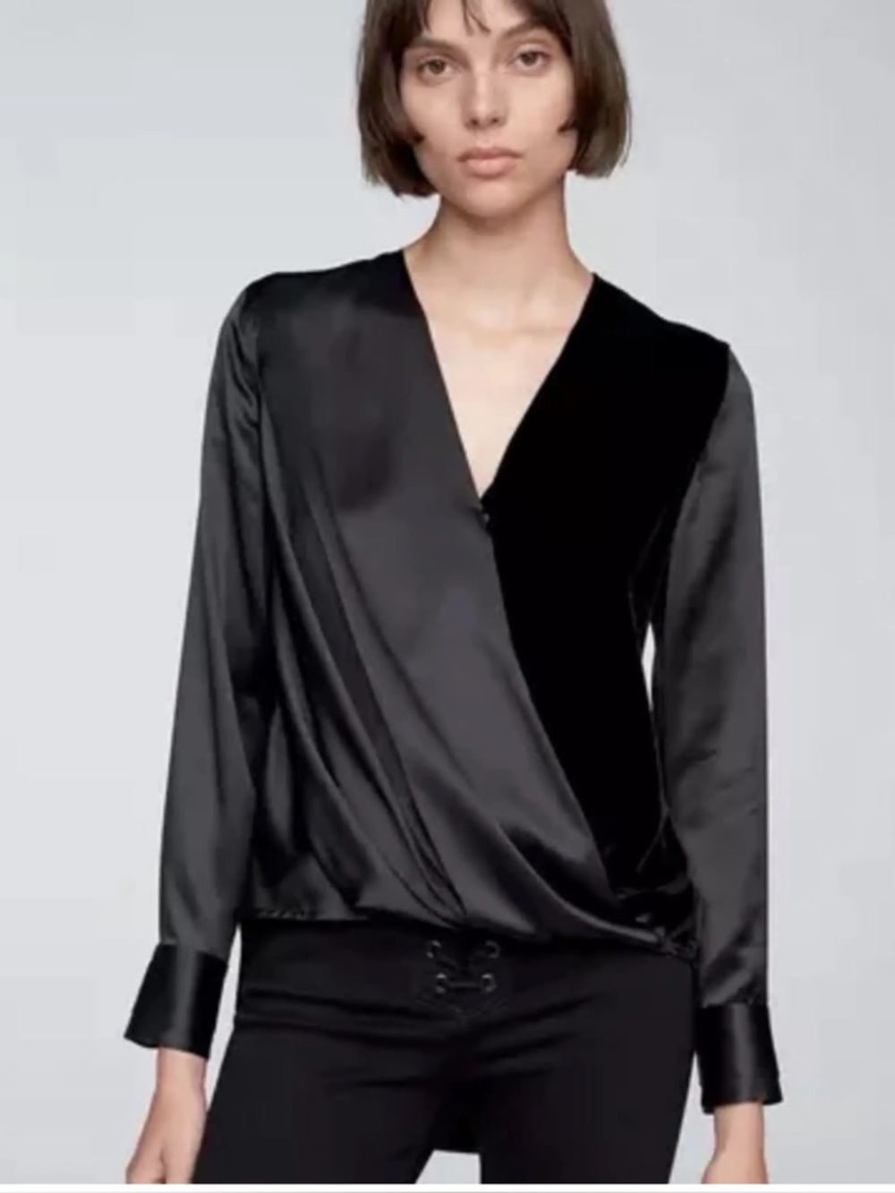 rag & bone Black Silk & Velvet-Trim Long Sleeve Wrap Top